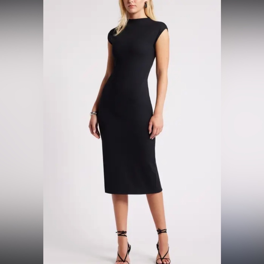 Elie. By Elie Tahari Black Bodycon Mock Neck Sheath Midi Dress